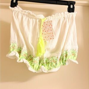 Free People Cream Shorts with Green Embroidery